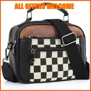 Checkered Crossbody Bag PU Leather Adjustable Strap Plaid Pattern